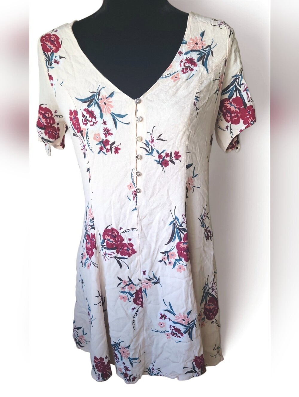 ASTR Floral Mini Dress Tie Sleeve Cream Pink Fit Flare Romantic Swing Size L